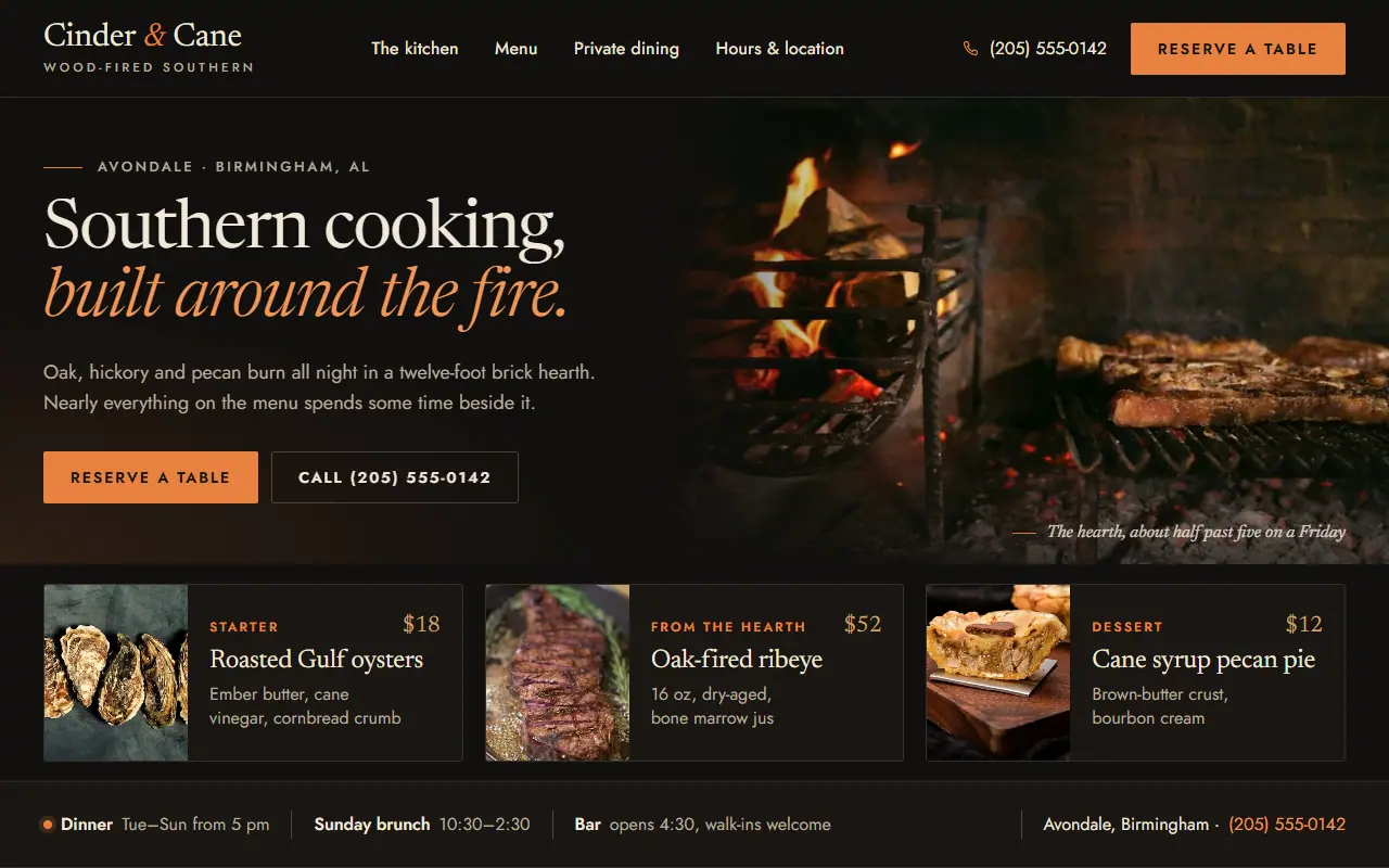 After (demo redesign): a dark, modern restaurant homepage with large food photography and a clear reservation button.