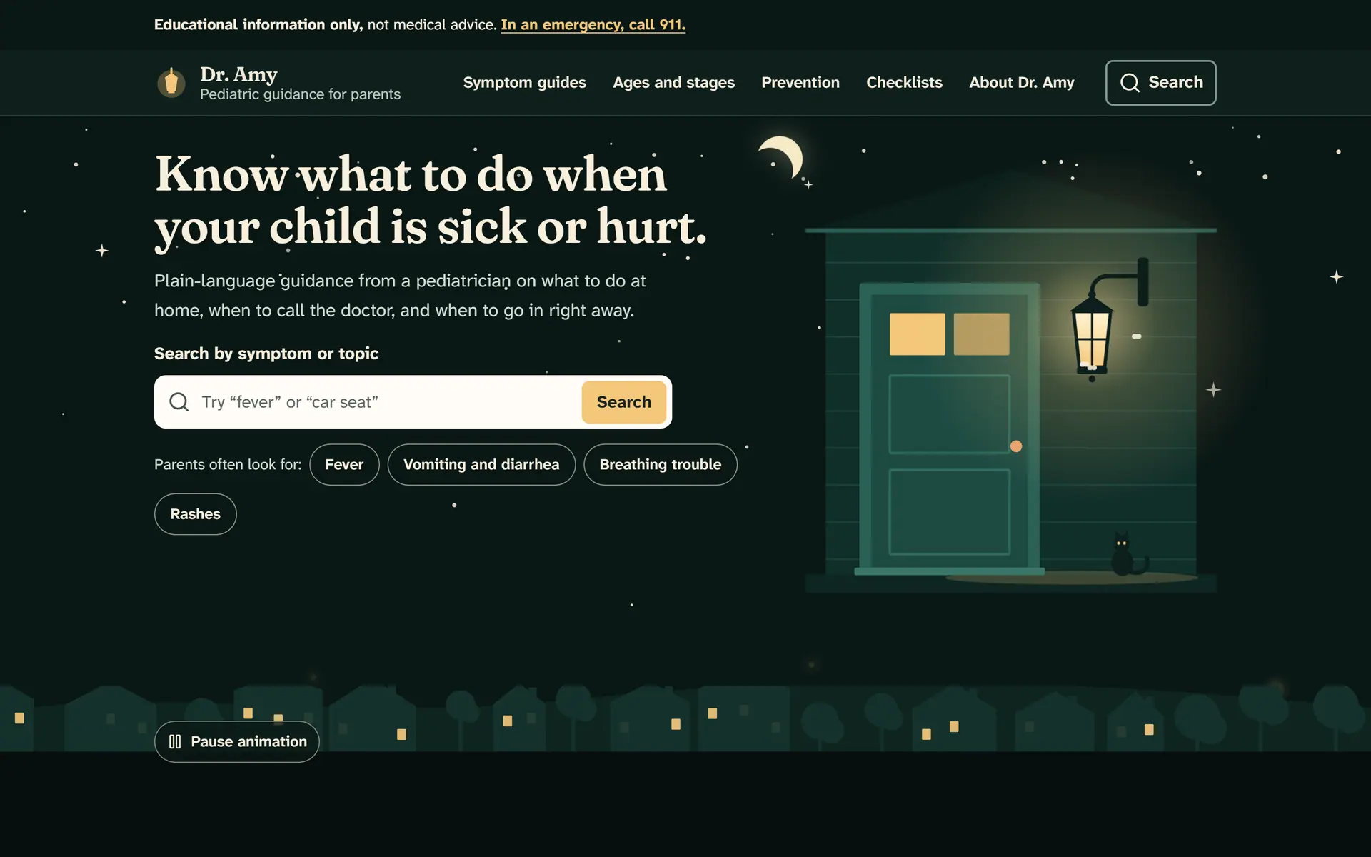 Dr. Amy's homepage: a night street with a lit porch lamp beside the headline “Know what to do when your child is sick or hurt.”
