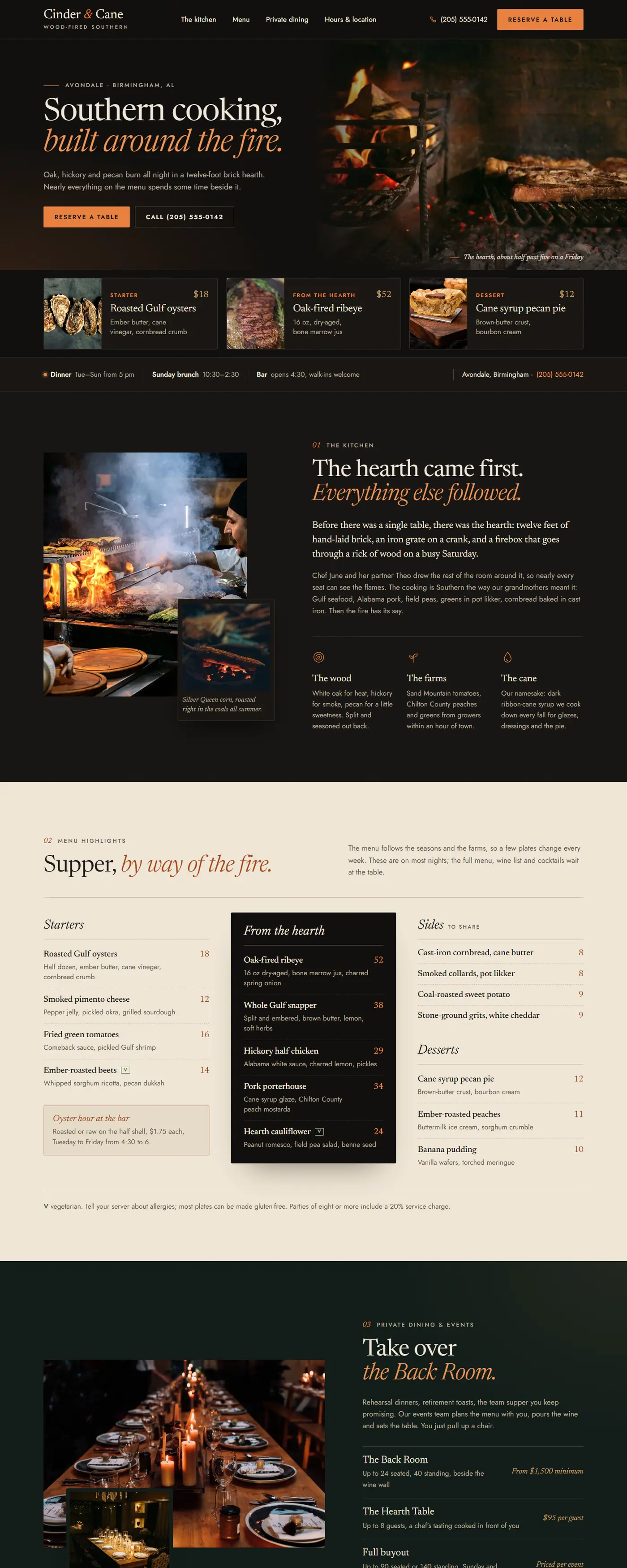 Cinder & Cane demo homepage: dark, warm restaurant site with fire-lit food photos and a reserve-a-table button.