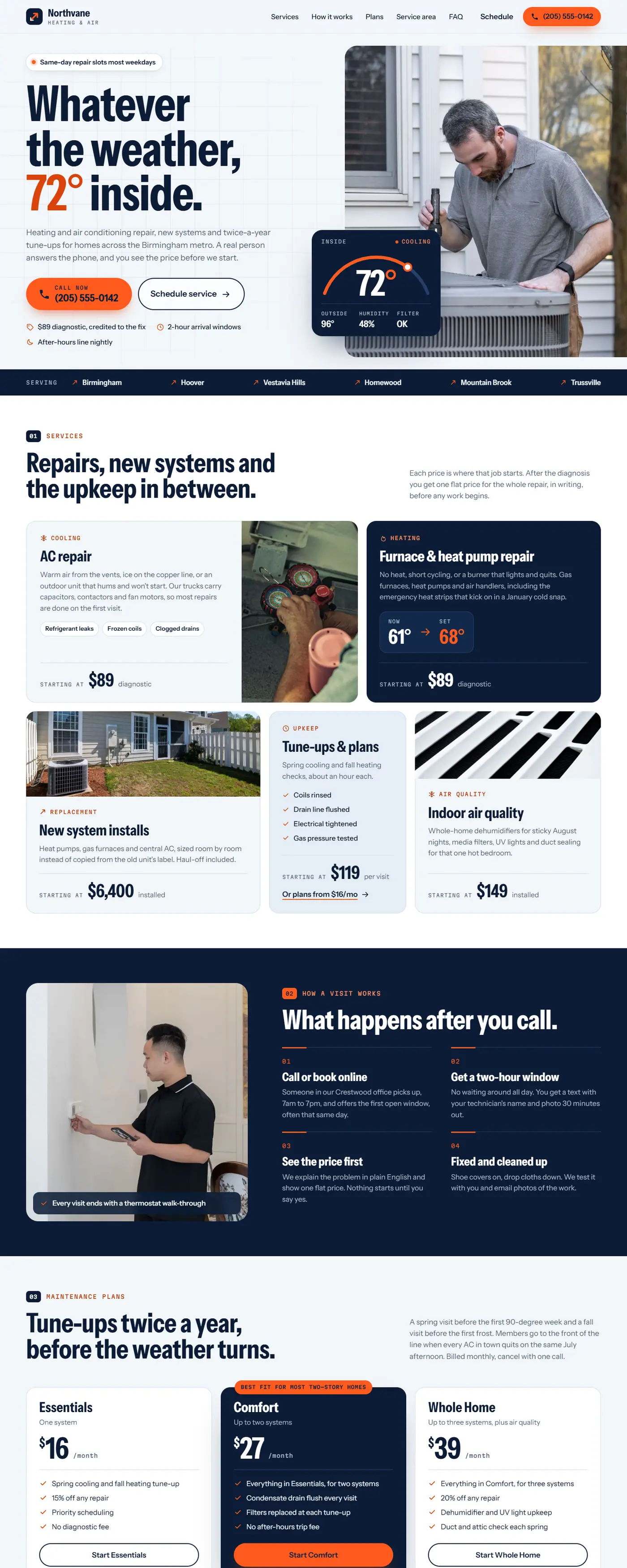 Northvane demo homepage: bright heating and air site with a big call-now button, service prices and a thermostat graphic.