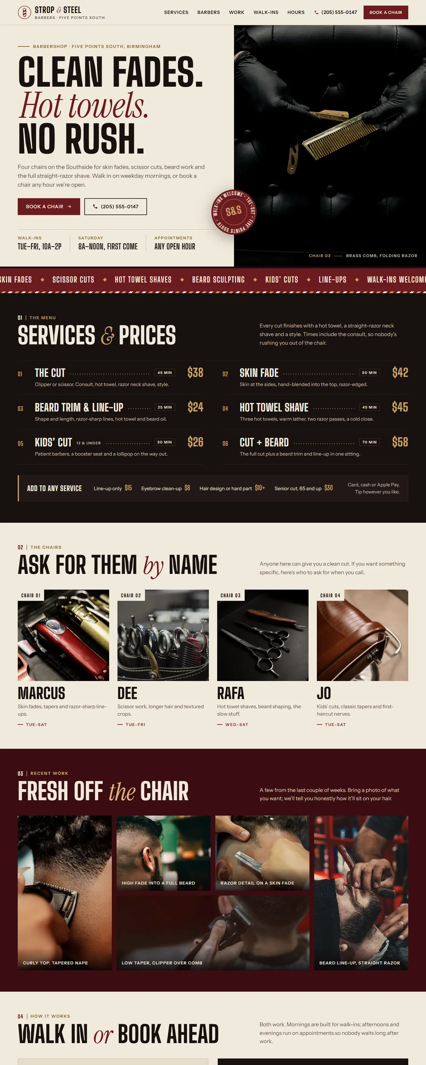 Strop & Steel demo homepage: bold cream and oxblood barbershop site with a services price list and a book-a-chair button.